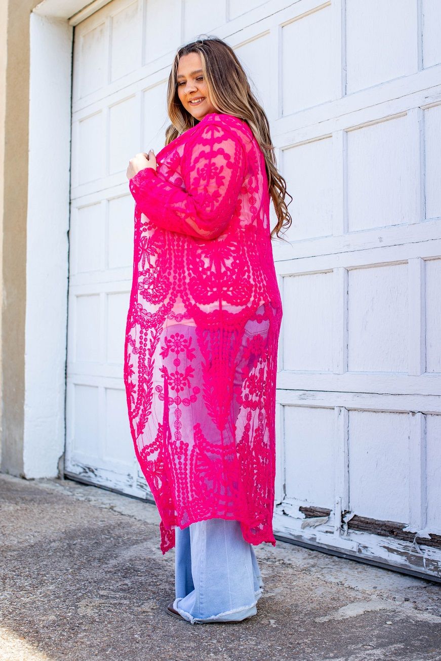 Hot Pink Long Sleeve Lace Duster