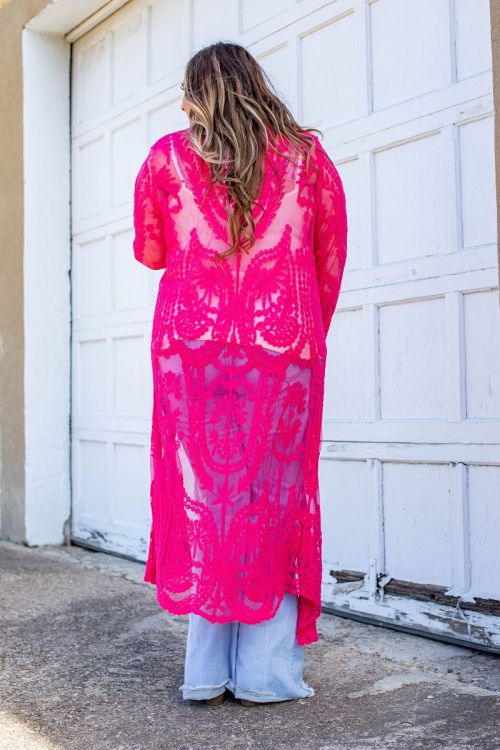Hot Pink Long Sleeve Lace Duster