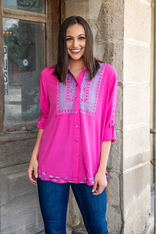 Pretty in Pink Embroidered Button Down
